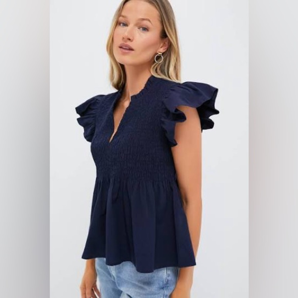 Tuckernuck Navy Smocked Flutter-Sleeve Top